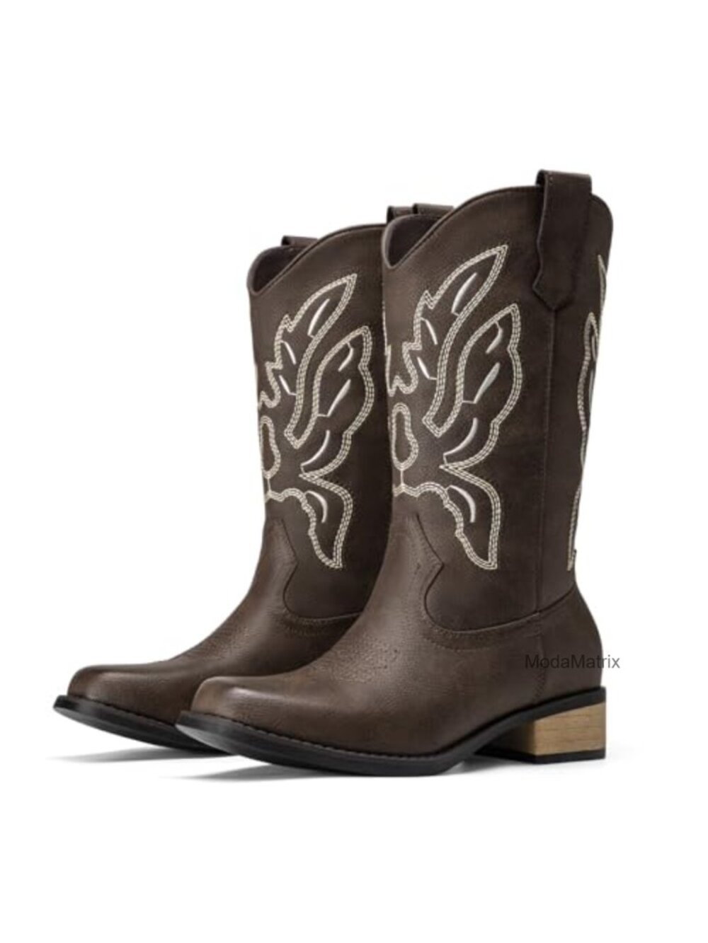 Athlefit Cowboy Boots Square Toe Mid Calf Faux Leather Western